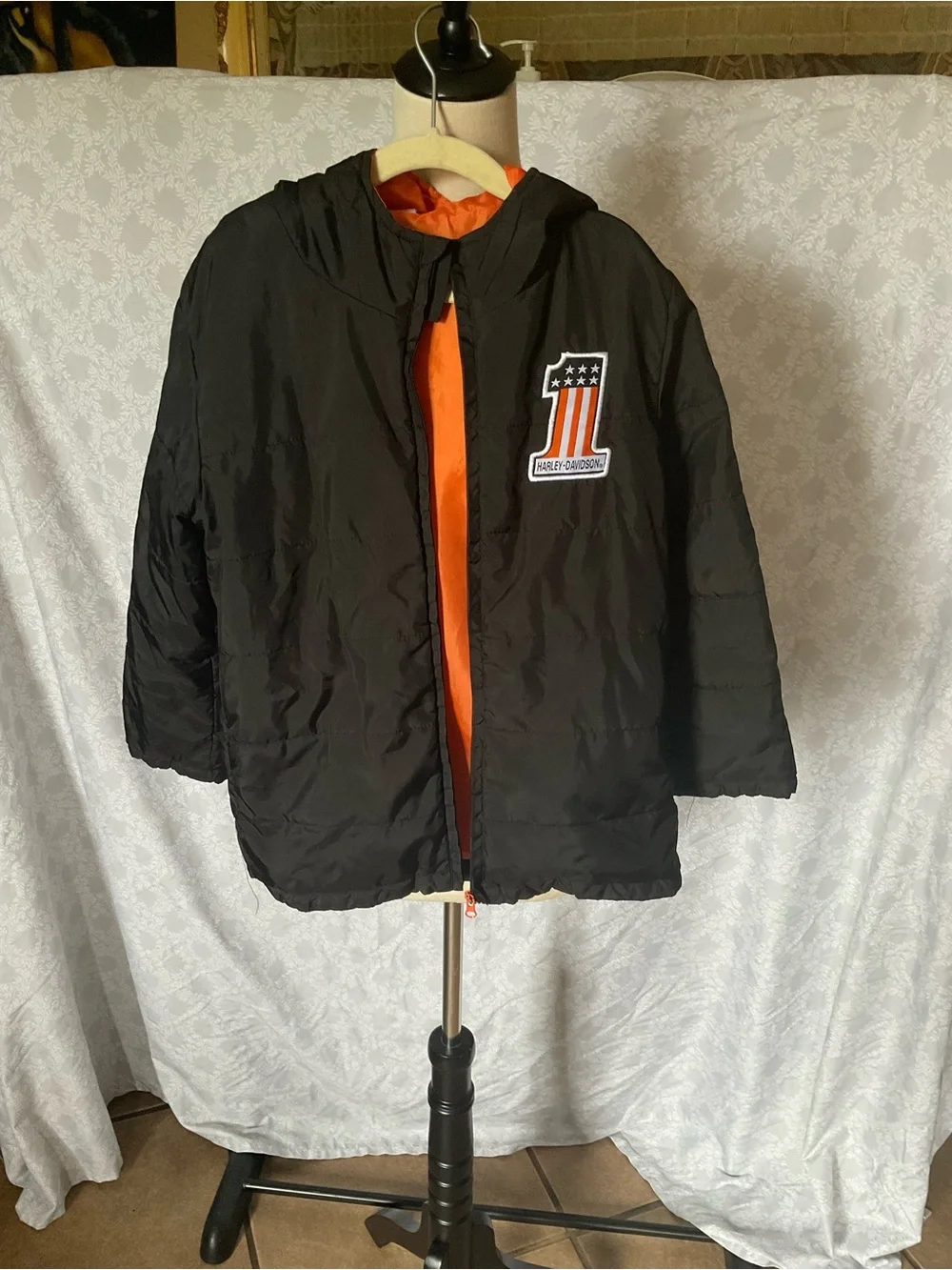 Harley-Davidson Black Puffer Jacket with Orange Lining